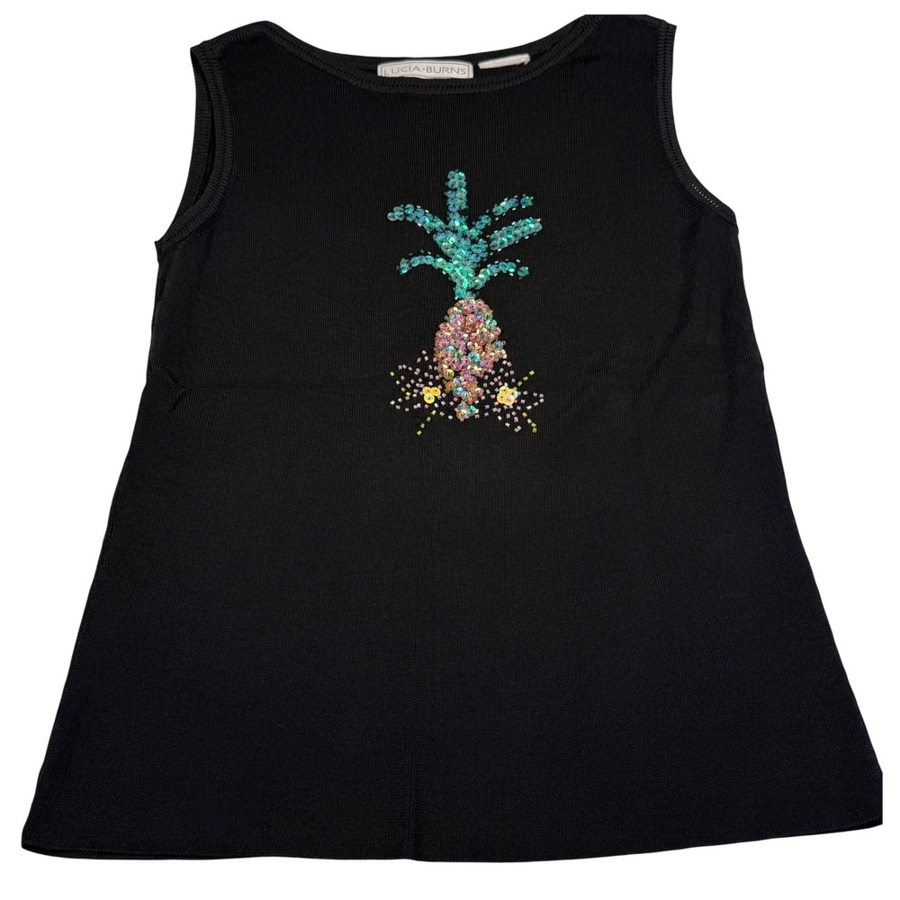 Lucia Burns Knit Tank Top Black Pineapple Sequin Beaded Sleeveless Shell